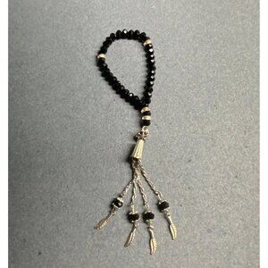 Faceted Stretch Bracelet 7 In Black Silver Rhinestone Feather Charms Elegant